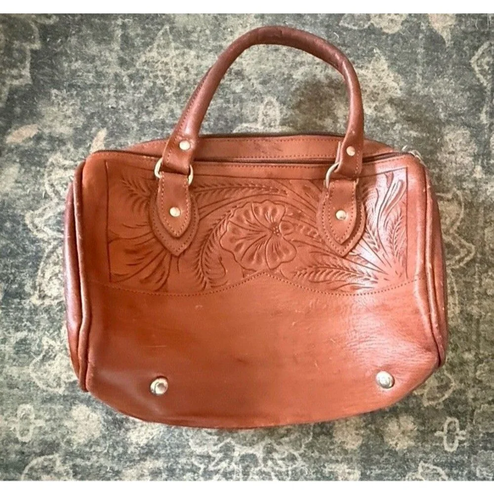 American West Vintage Hand Tooled Brown Leather Western Satchel Purse Multi Zip